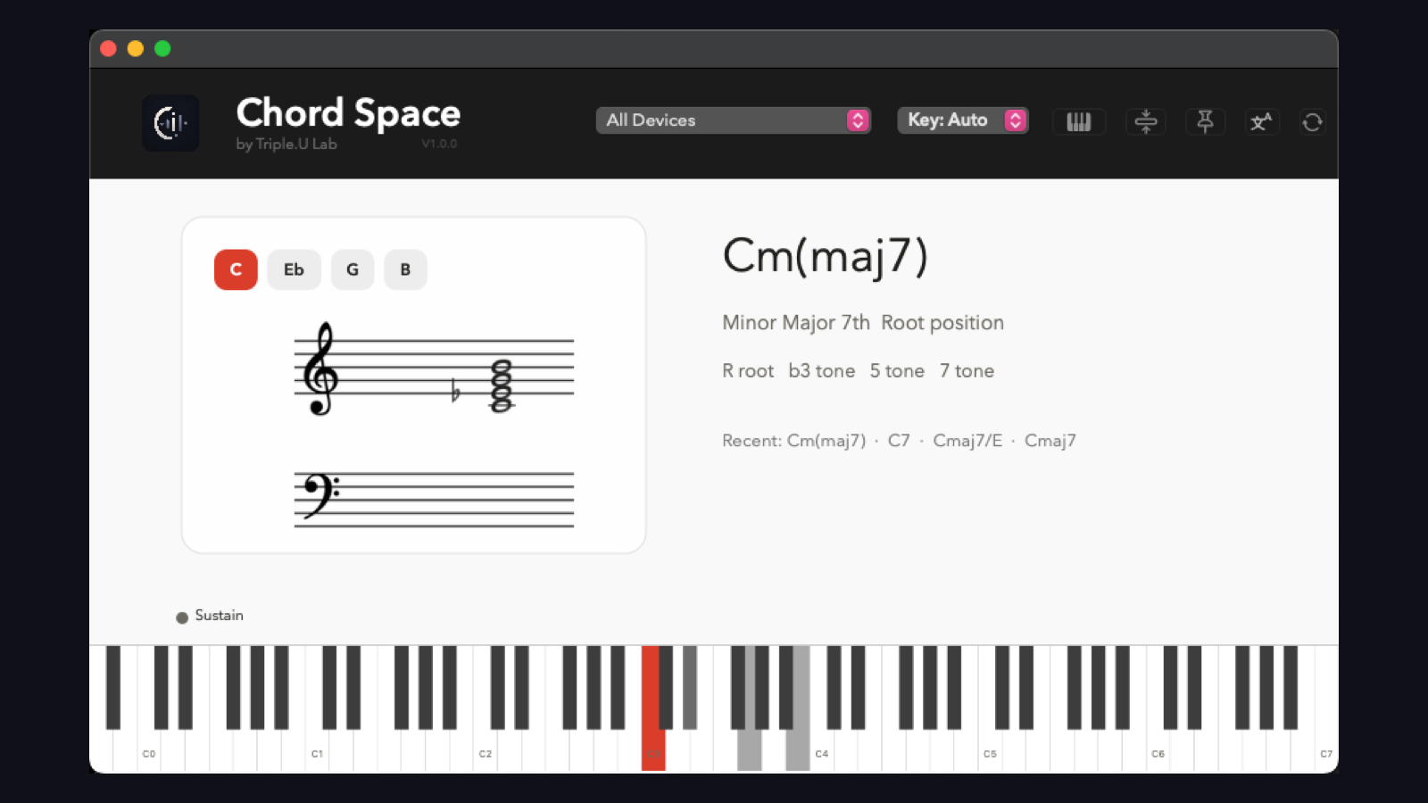 Chord Space showing a chord name, inversion, grand-staff notation, and highlighted piano keys
