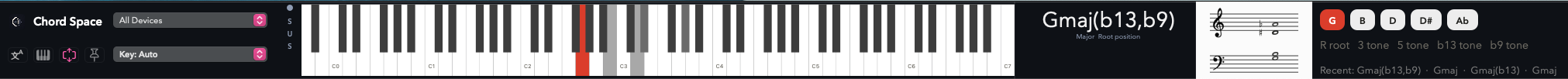 Chord Space strip interface showing controls, piano, chord, notation, and note details in one row