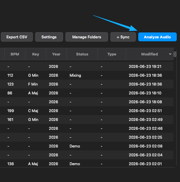 ProjectHub Analyze Audio control and detected BPM and musical key columns