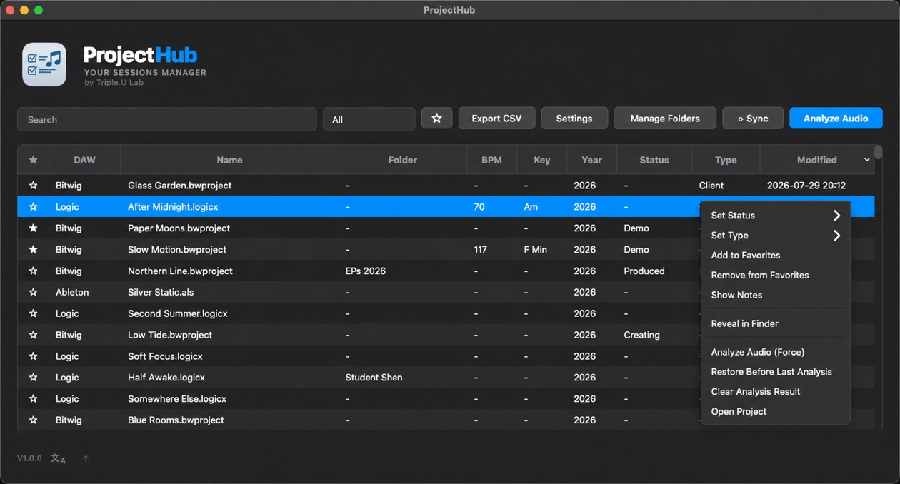 ProjectHub library showing projects from Logic Pro, Ableton Live, and Bitwig Studio with BPM, key, status, and type