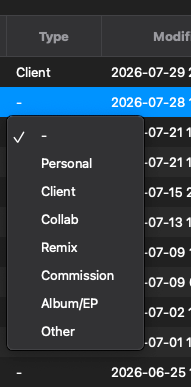 Project type choices including personal, client, remix, and album